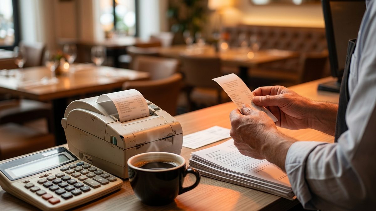 Dono de restaurante conferindo cupom fiscal recém-impresso no caixa, ao lado de calculadora e café