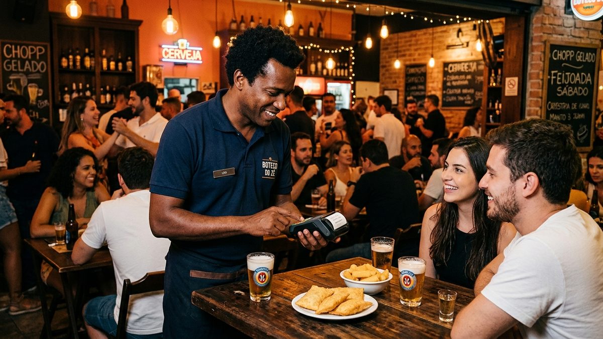 Garçom de boteco lançando pedido em uma maquininha SmartPOS na mesa dos clientes