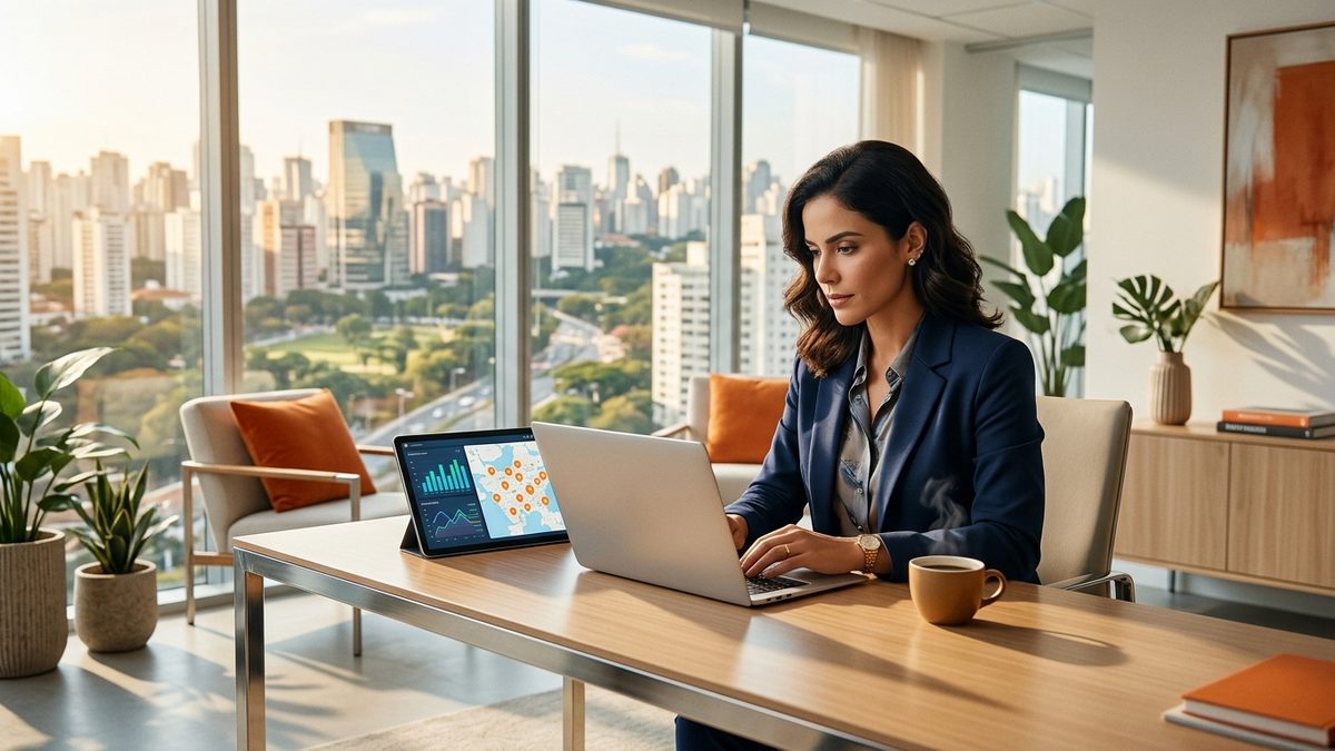 Empresária dona de rede de restaurantes analisando dashboards de várias lojas no notebook e no tablet