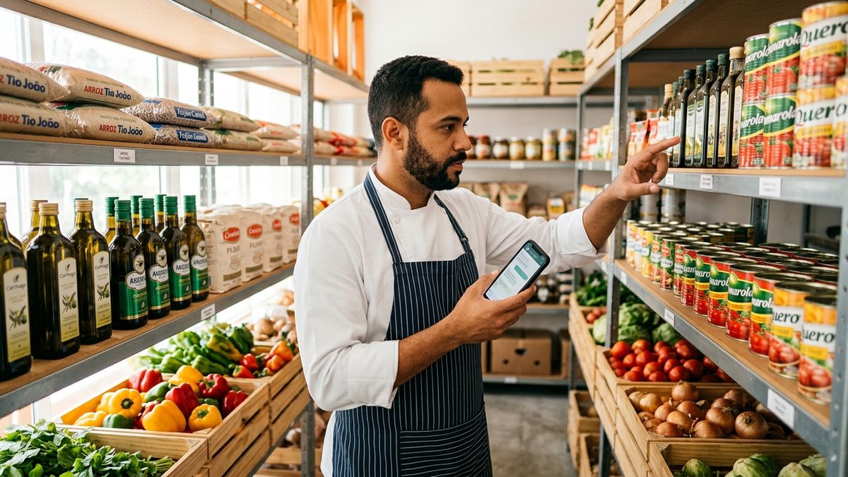 Funcionário de restaurante contando insumos no estoque e digitando as quantidades no celular