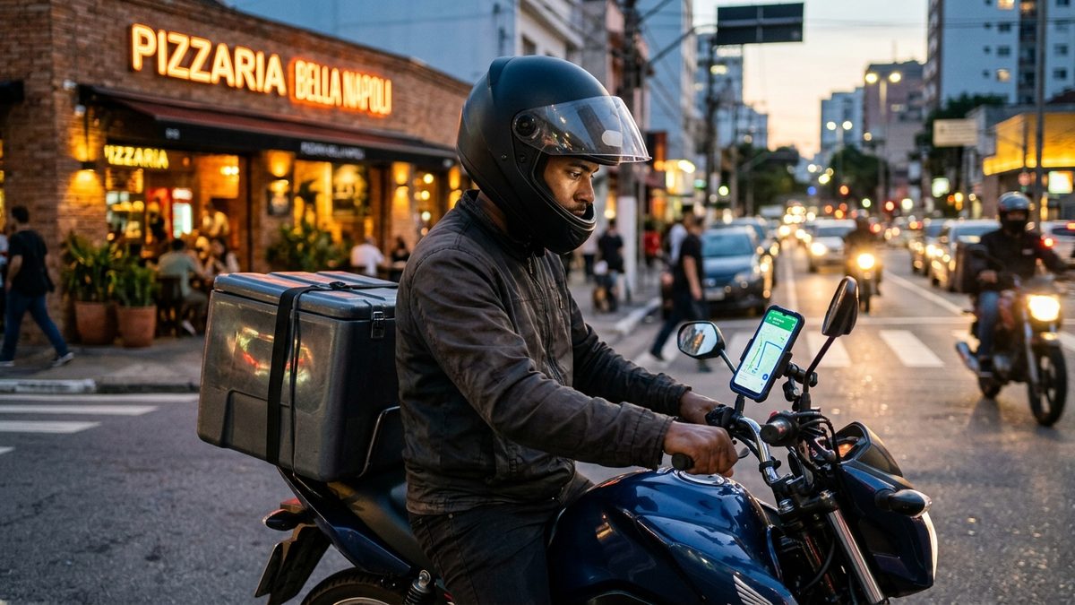 Entregador de moto conferindo a rota no celular preso ao guidão em frente a uma pizzaria